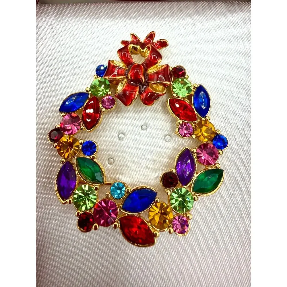 Vintage Christopher Radko Rhinestone Enamel Christmas Wreath Brooch NIB